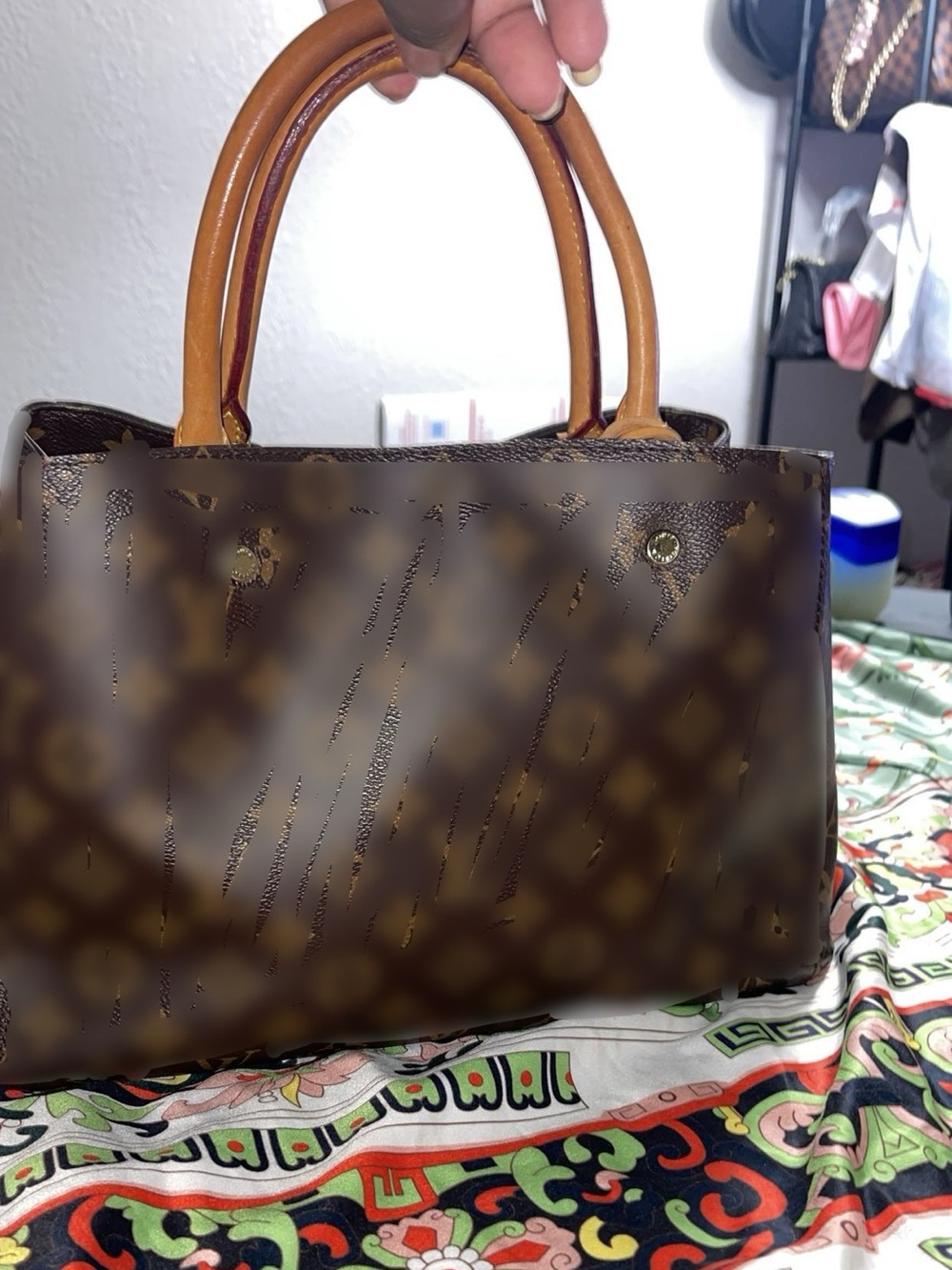 Classic Brown Patterned Tote with Tan Handles